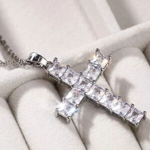 925 Sterling Cross Clear White Halo Diamond Pendant Necklace - Women's